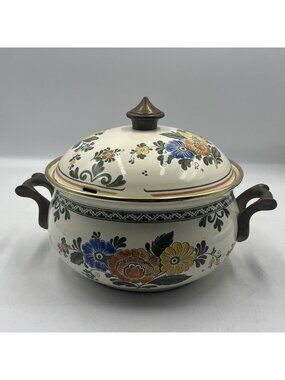 Vintage ASTA German Enameled Lidded Casserole Pan w/Brass Handles Finial Floral